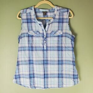 Eddie Bauer Womens Blue Plaid Sleeveless Lightweight Top Size Medium Outdoor